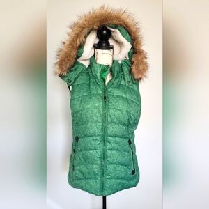 Green Tea Womens Puffer Hooded Vest Fleece Lined Size M Green Faux Fir Zip